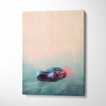 Mercedes-AMG GT black series inspired luxury supercar canvas print featuring a red and black stylized painting with glowing headlights