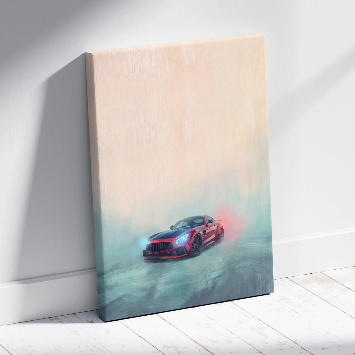 A vibrant red and black mercedes-amg gt r sports car on a misty stretched canvas print luxury supercar wall art