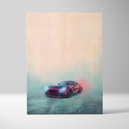 Mercedes-AMG GT black series inspired automotive wall art featuring a red and black mercedes-amg gt r with glowing headlights