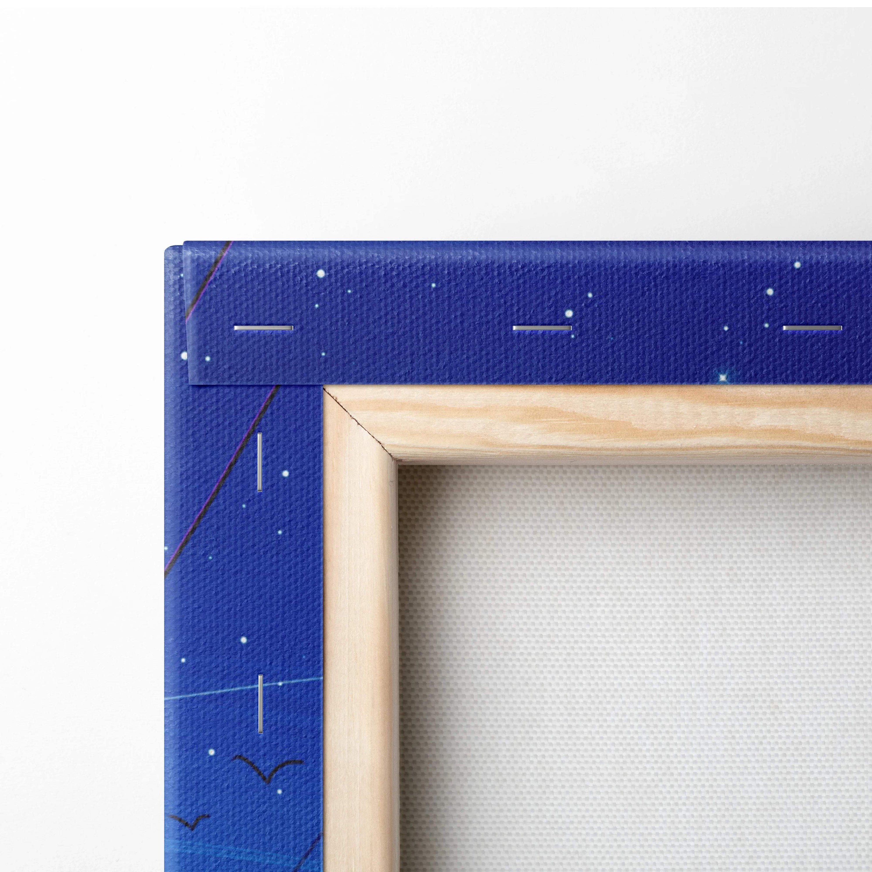 Blue canvas art with star bird motifs in light wood frame