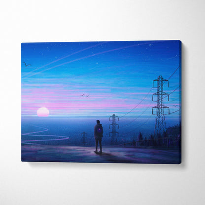 Cinematic synthwave solitary figure at neon dusk with power lines canvas art