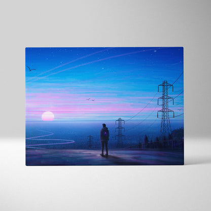 Cinematic synthwave solitary figure at neon dusk with power lines canvas print