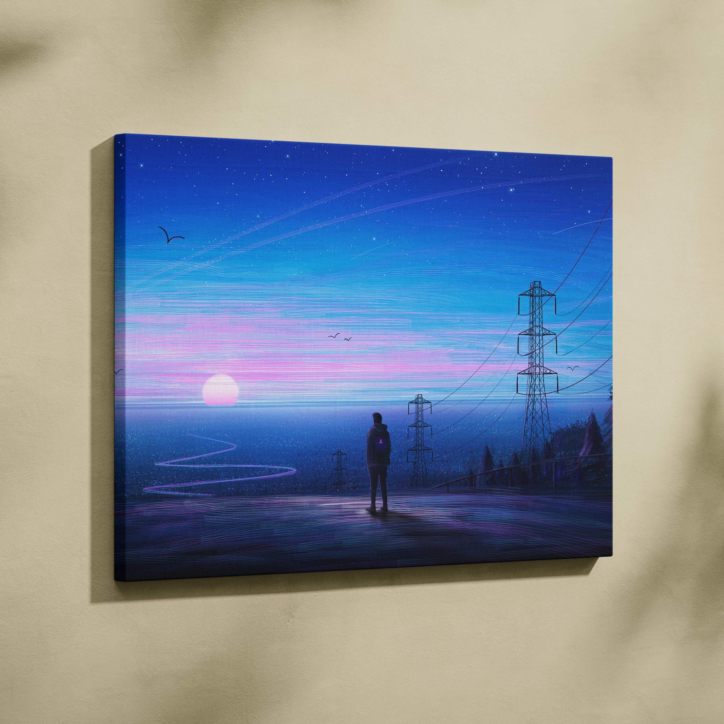 Cinematic synthwave solitary figure at neon dusk with power lines canvas art