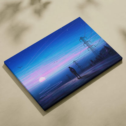 Cinematic synthwave canvas print of solitary figure at neon dusk with power lines