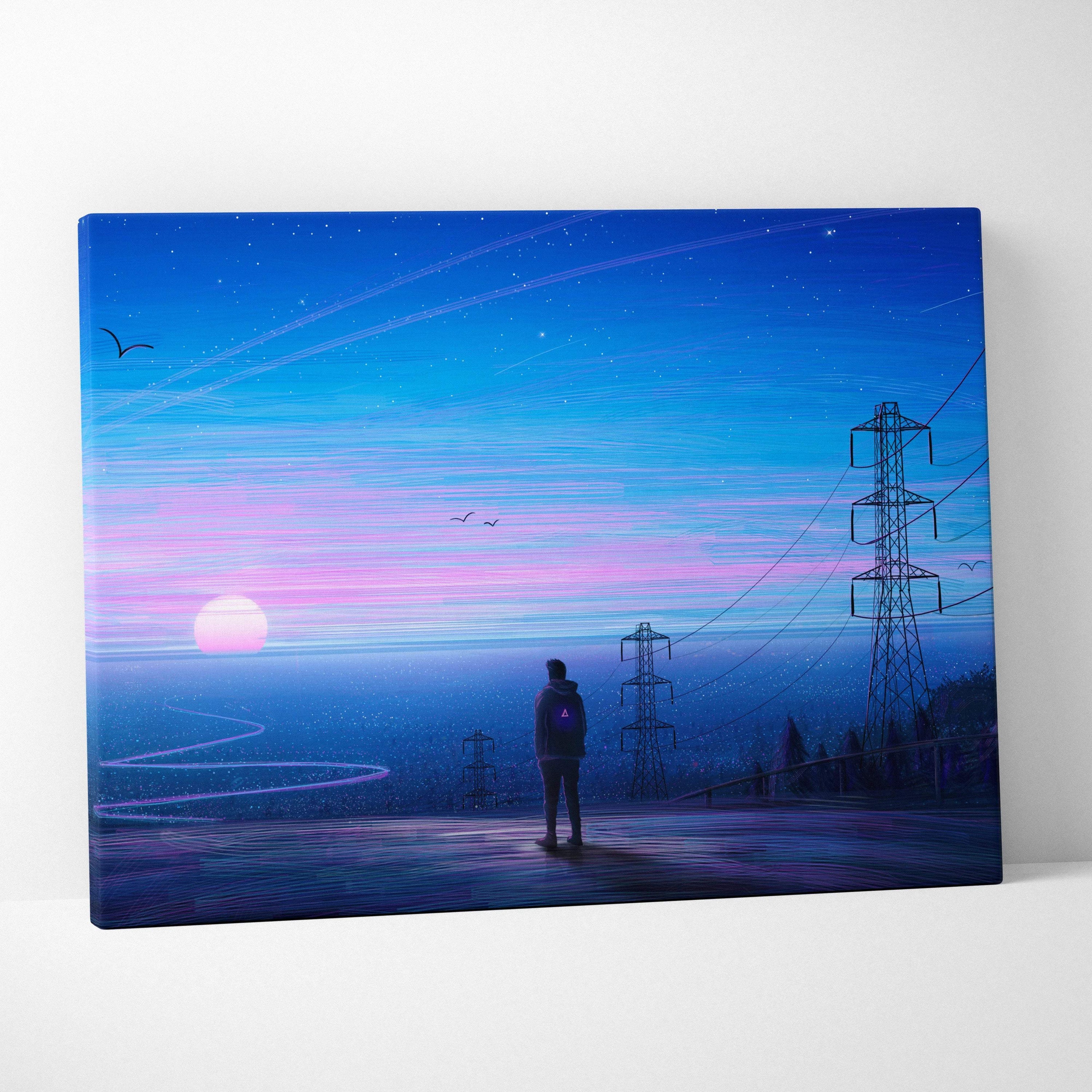 Cinematic synthwave solitary figure at neon dusk with power lines canvas print