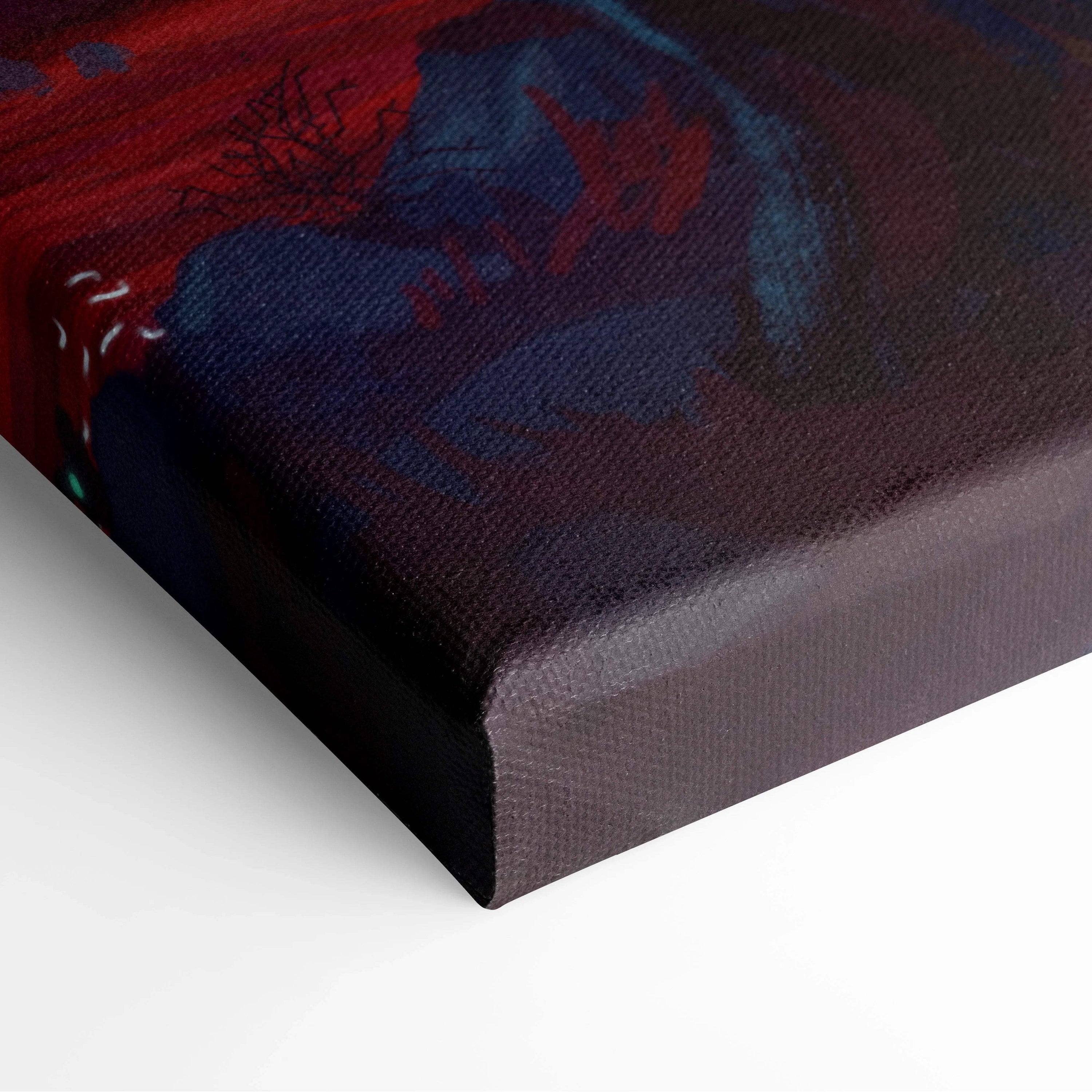 Visionary Fantasy Wanderers canvas art with crimson forest cyan light swirls