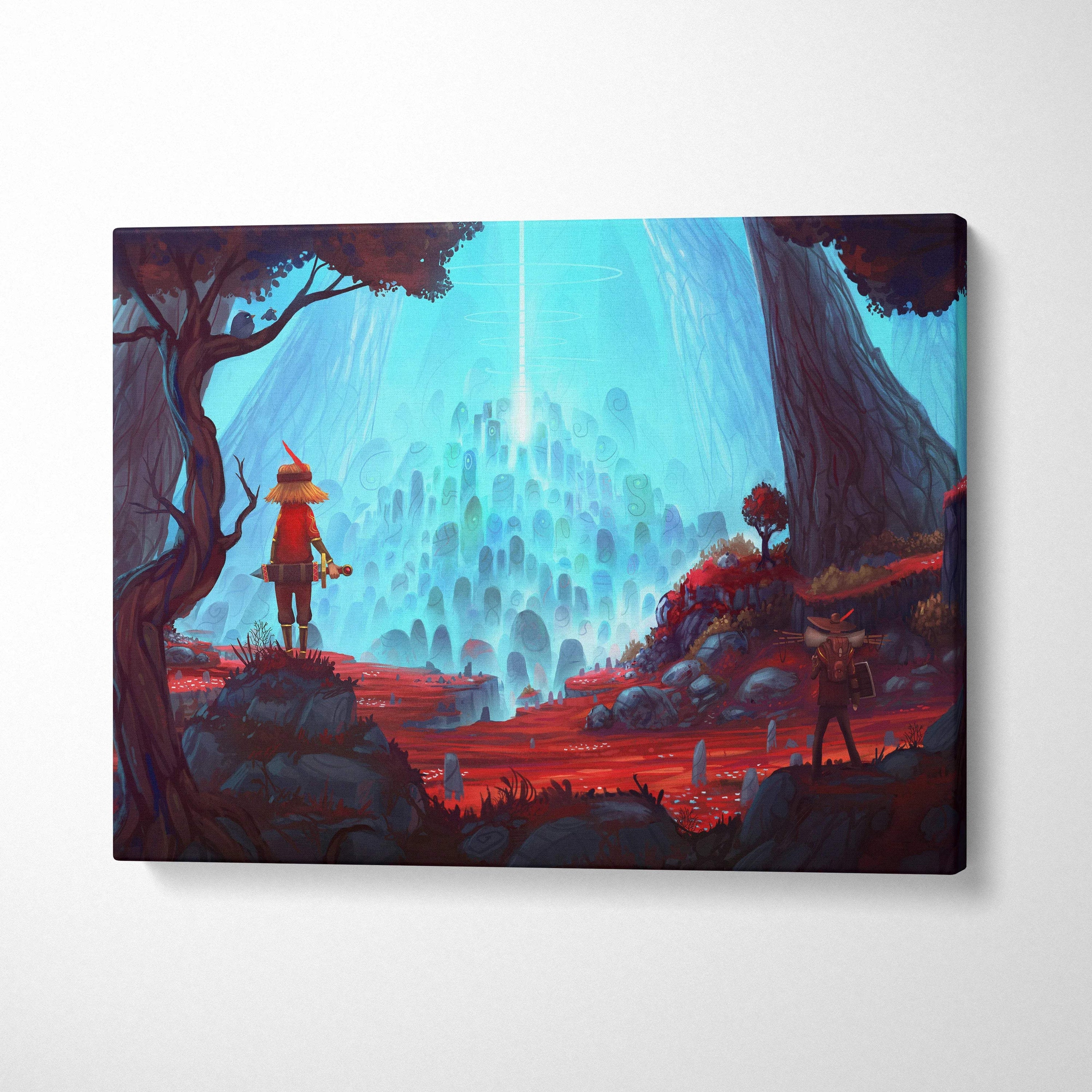 Visionary fantasy wanderers before luminous city canvas art