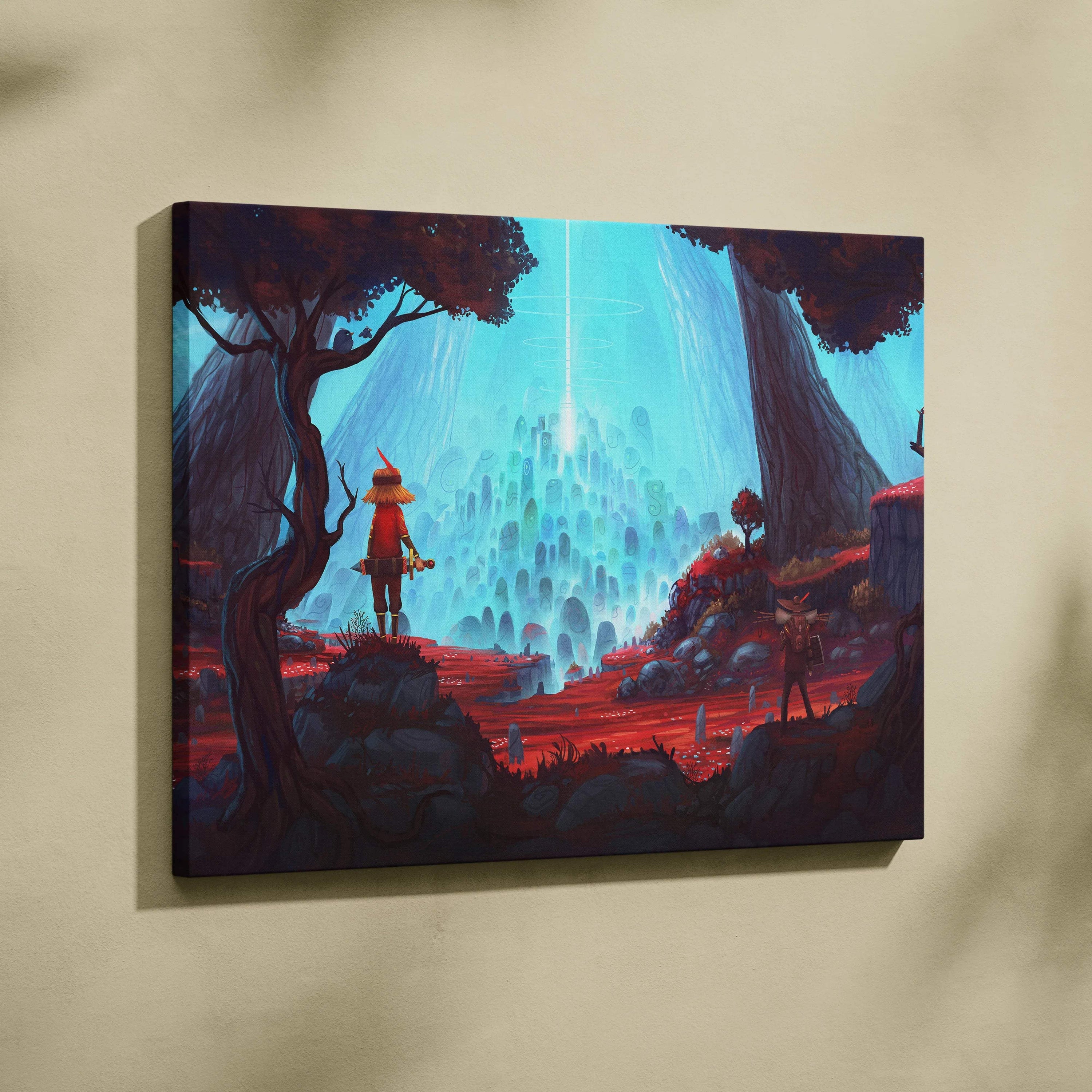 Vibrant fantasy canvas print of wanderer in red before cyan glowing waterfall in crimson forest