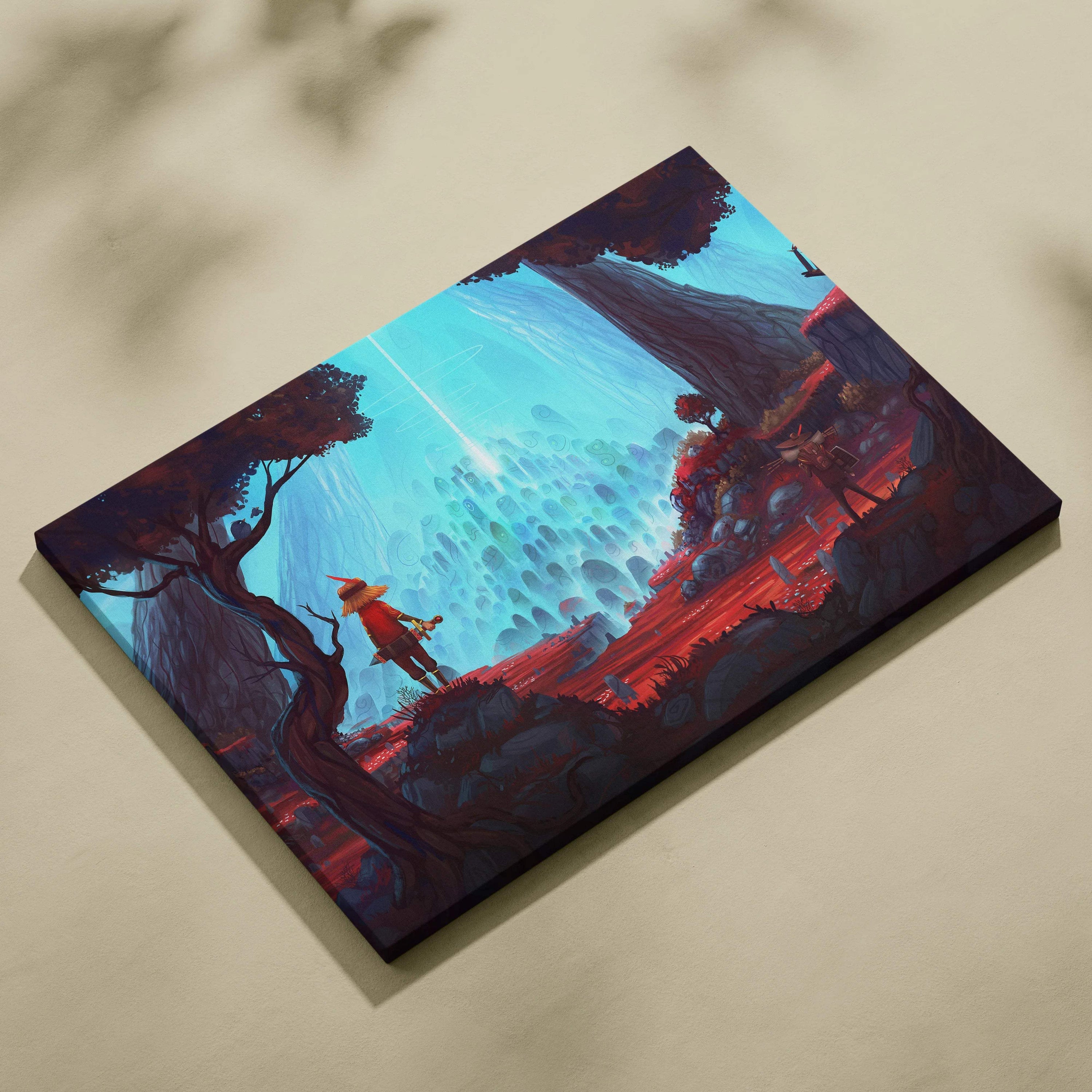 Visionary fantasy wanderers canvas print with crimson forest and cyan light