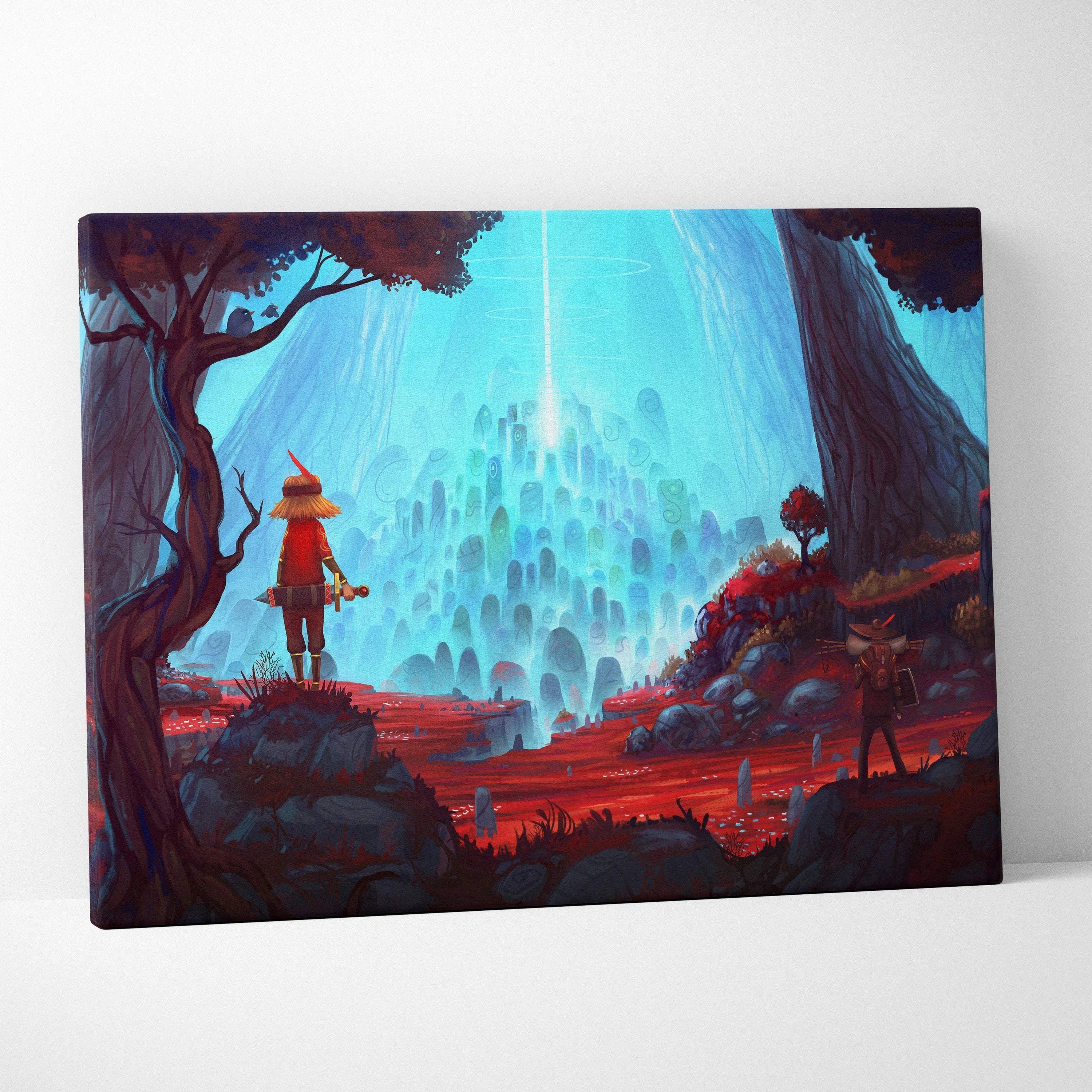 Vibrant fantasy canvas print of lone red figure before luminous cyan cavern city