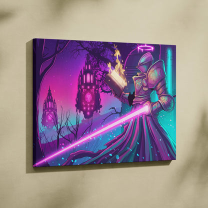 Vaporwave Fantasy Neon City Canvas - Vaporwave Fantasy Neon Pink Wall Art Living Room Dreamy Mood Retro Neon Canvas