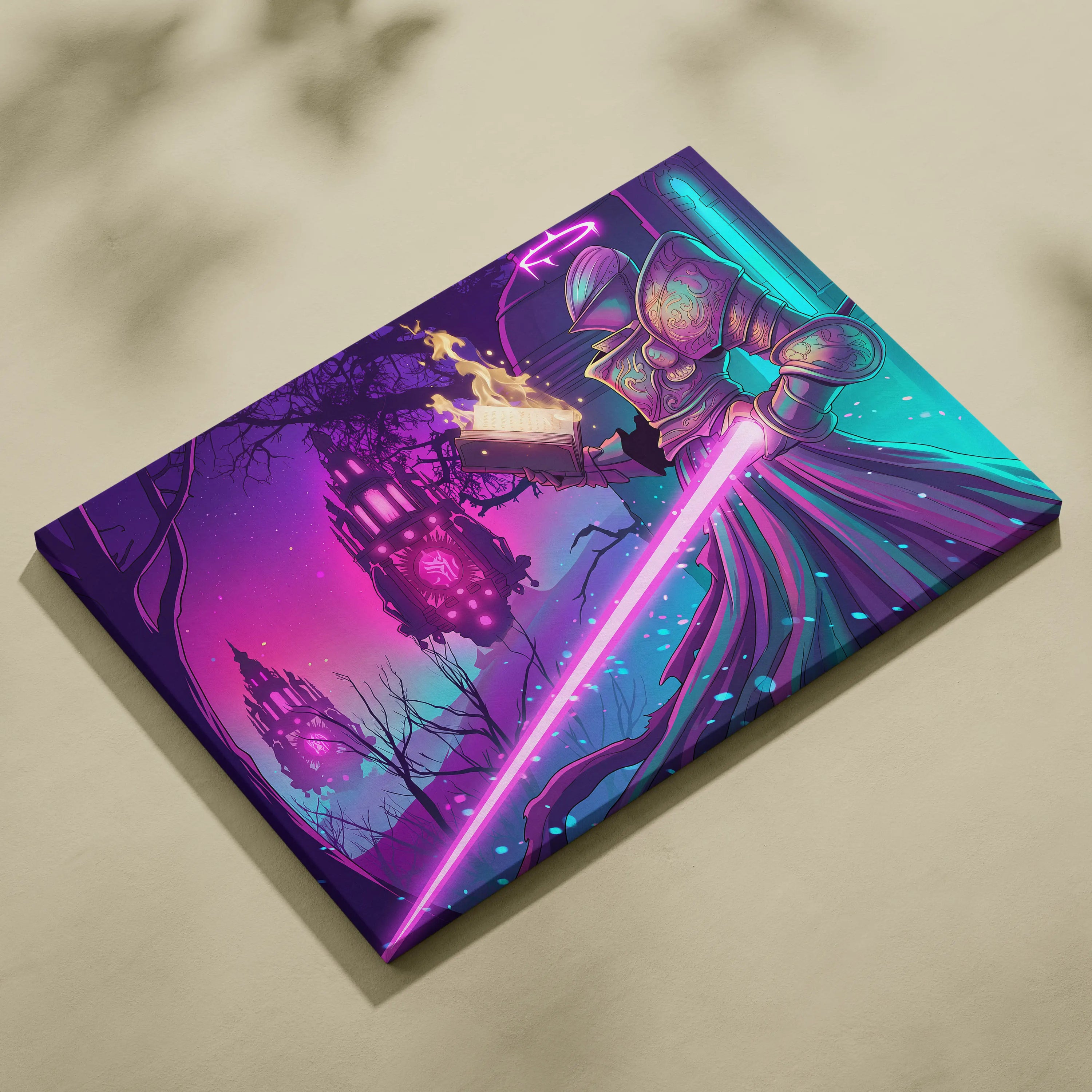 Vaporwave Fantasy Neon City Canvas - Vaporwave Fantasy Neon Pink Wall Art Living Room Dreamy Mood Retro Neon Canvas