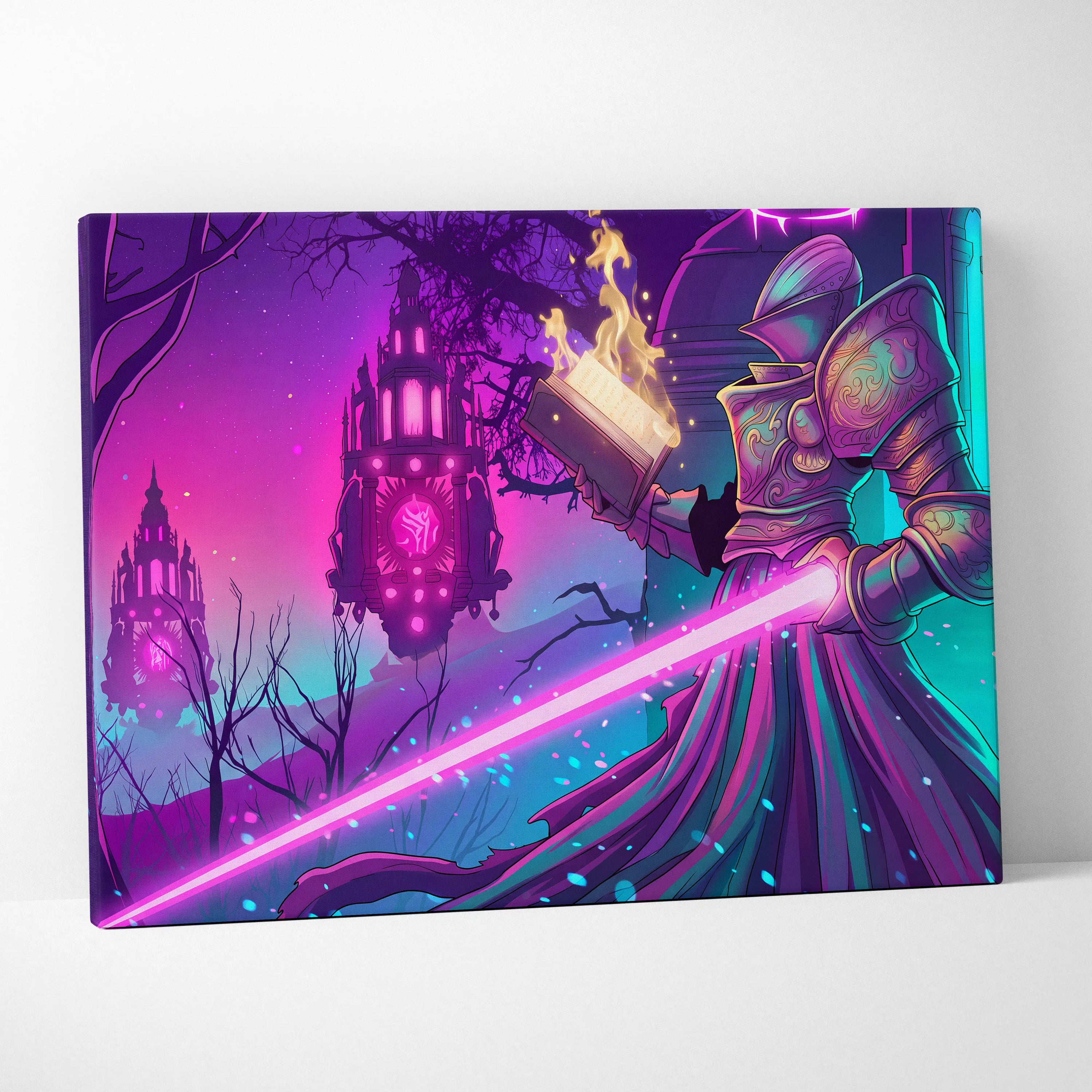 Vaporwave Fantasy Neon City Canvas - Vaporwave Fantasy Neon Pink Wall Art Living Room Dreamy Mood Retro Neon Canvas