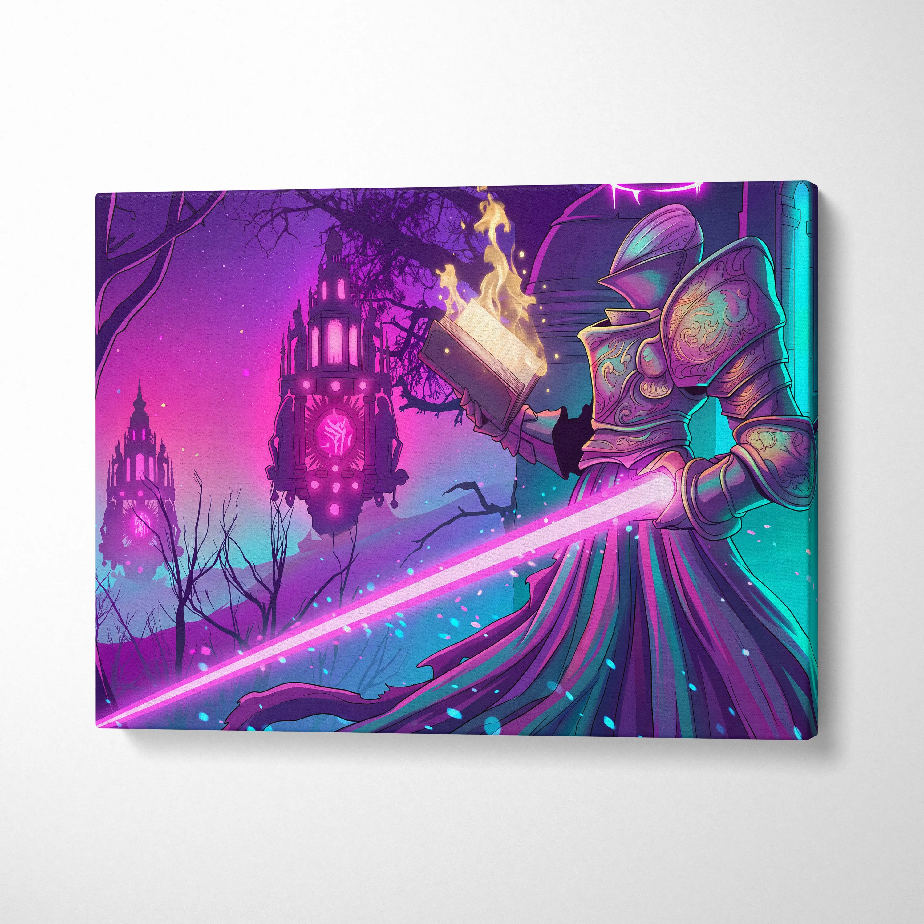 Vaporwave Fantasy Neon City Canvas - Vaporwave Fantasy Neon Pink Wall Art Living Room Dreamy Mood Retro Neon Canvas