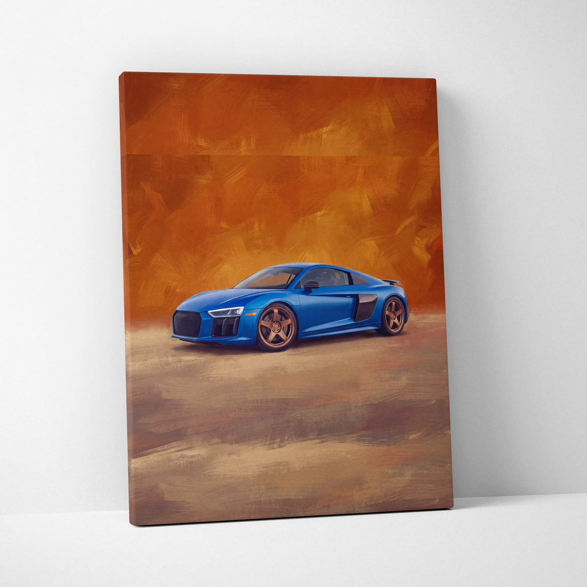 Blue Audi R8 sports car depicted in vibrant painterly canvas print for custom car wall art decor