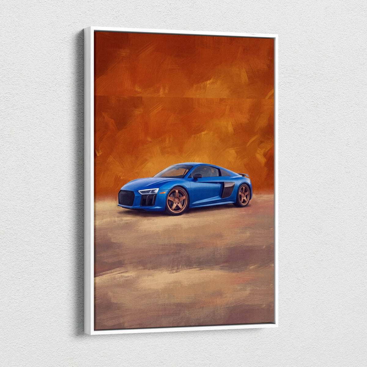 Blue audi r8 inspired supercar canvas art with copper wheels and black accents custom car wall art print