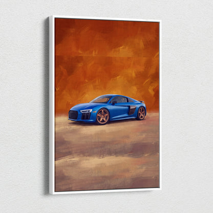 Blue audi r8 inspired supercar canvas art with copper wheels and black accents custom car wall art print