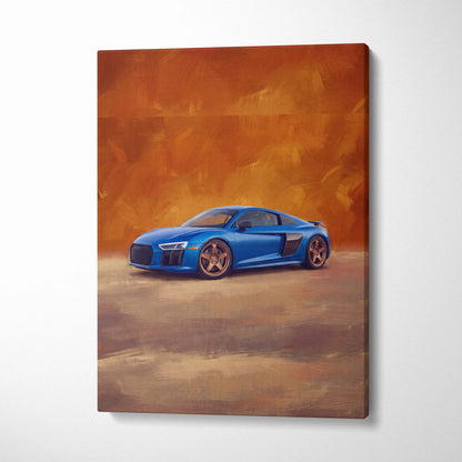Vibrant blue audi r8 sports car depicted in dynamic painterly style on canvas audi r8 inspired supercar art print