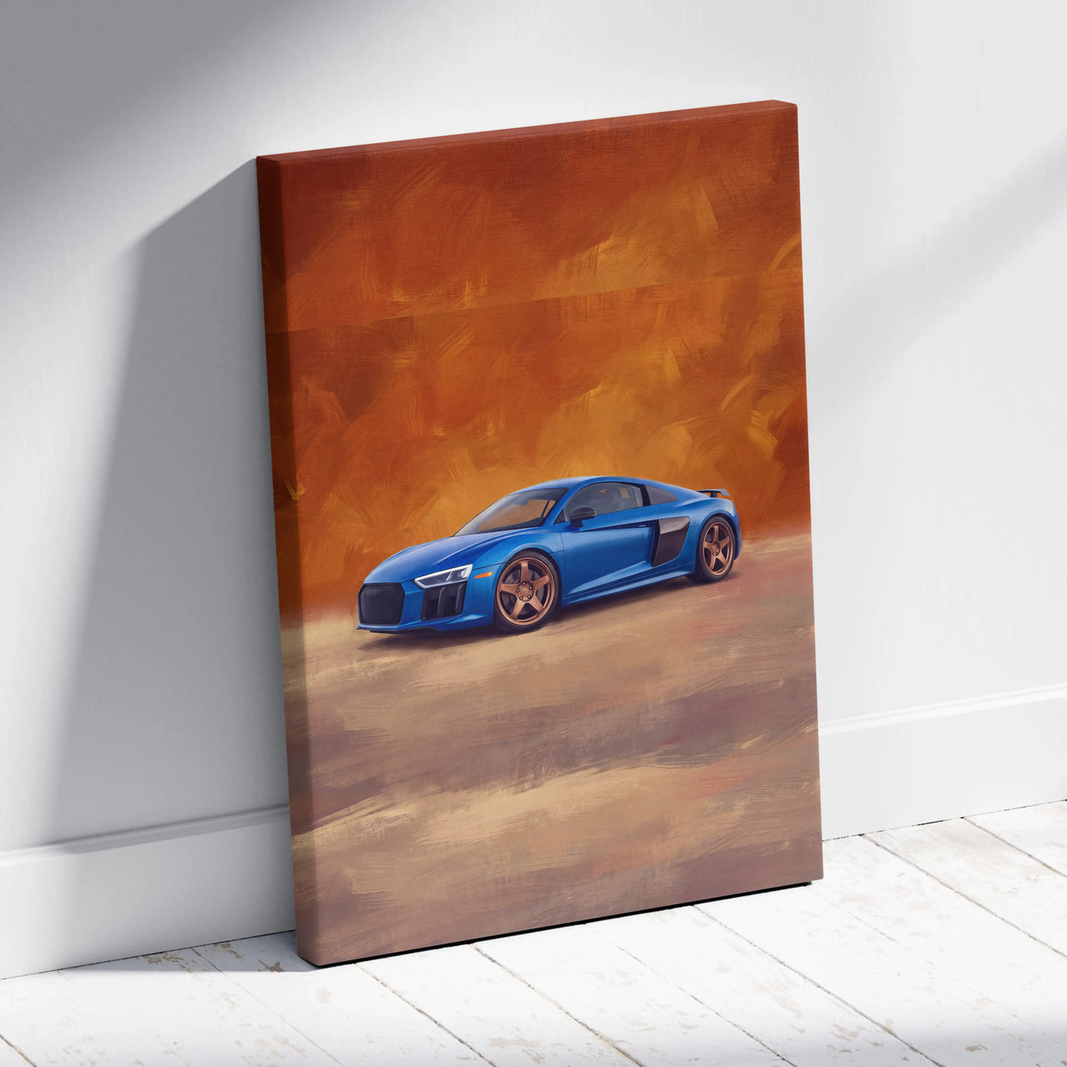 Audi r8 inspired supercar canvas art featuring a blue sports car with copper wheels on an orange brown textured background