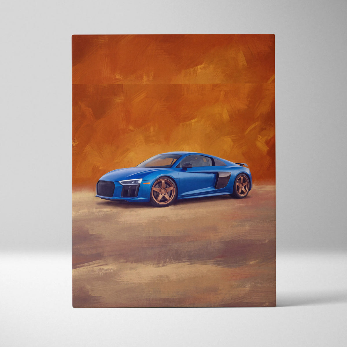 Audi R8 inspired supercar canvas art featuring a vibrant blue sports car with gold wheels on textured orange and brown background