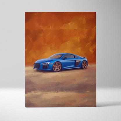 Audi R8 inspired supercar canvas art featuring a vibrant blue sports car with gold wheels on textured orange and brown background