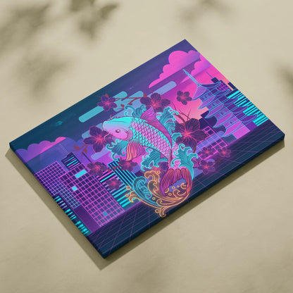 Neon Koi Sakura Vaporwave - Japan Vaporwave Koi Sakura Neon City Living Room Mood Neon Aesthetic Gallery Canvas