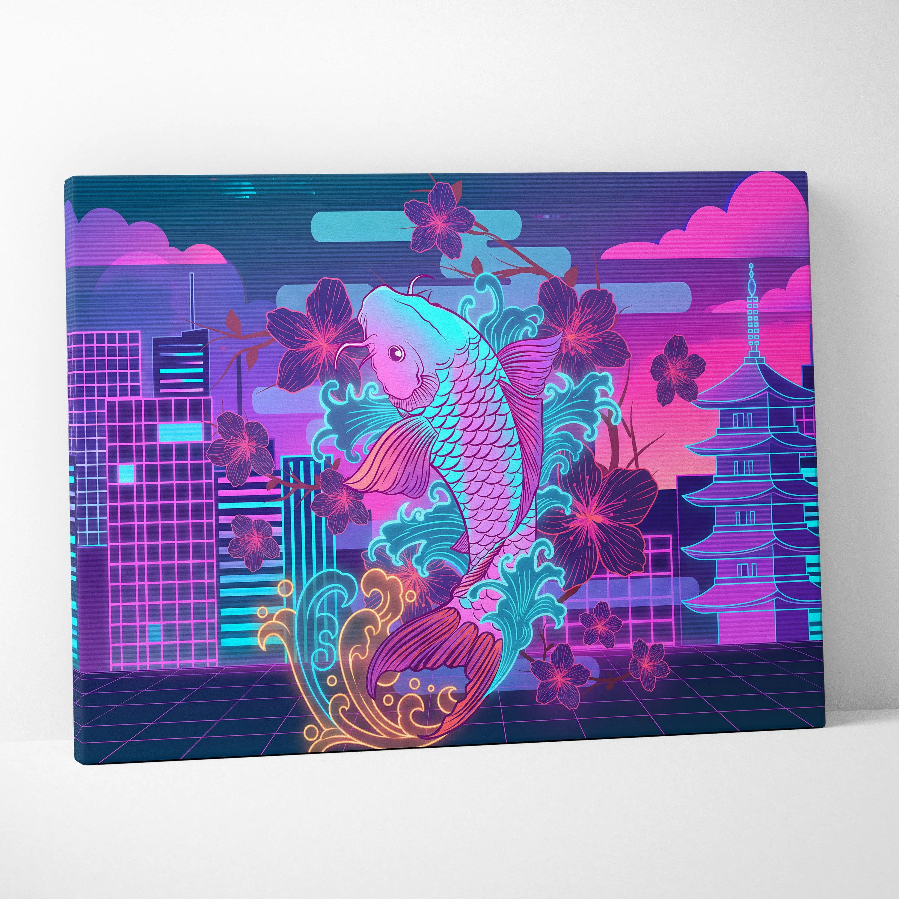 Neon Koi Sakura Vaporwave - Japan Vaporwave Koi Sakura Neon City Living Room Mood Neon Aesthetic Gallery Canvas