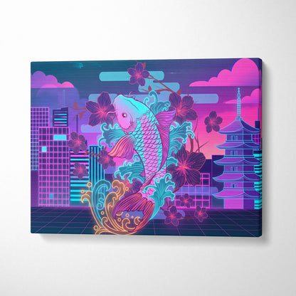 Neon Koi Sakura Vaporwave - Japan Vaporwave Koi Sakura Neon City Living Room Mood Neon Aesthetic Gallery Canvas
