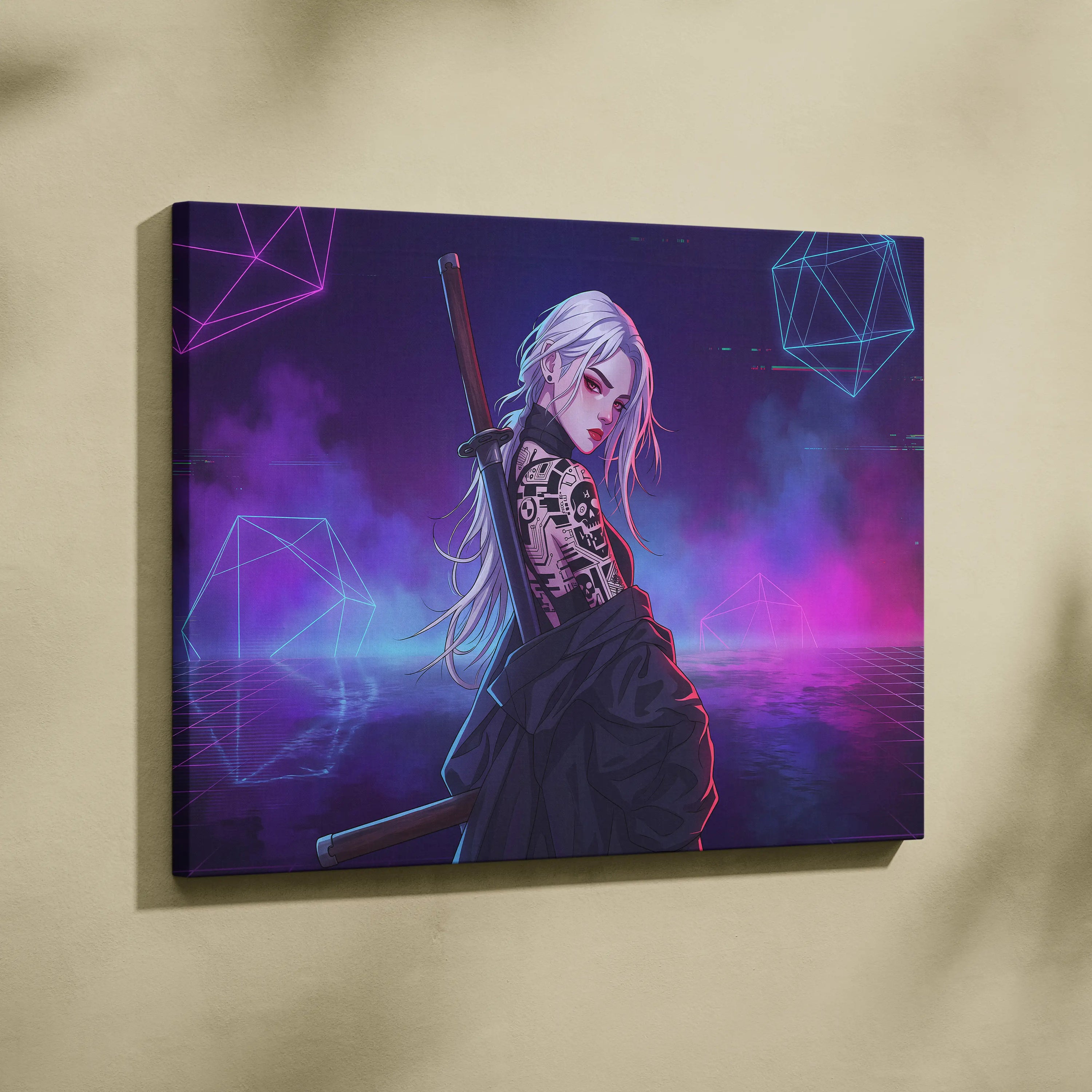 Vaporwave Neon Femme Canvas - Femme Neon Pink Purple Blue Living Room Vaporwave Retro Futuristic Wall Art Canvas Print