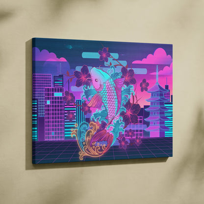Neon Koi Sakura Vaporwave - Japan Vaporwave Koi Sakura Neon City Living Room Mood Neon Aesthetic Gallery Canvas