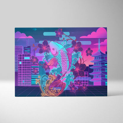 Neon Koi Sakura Vaporwave - Japan Vaporwave Koi Sakura Neon City Living Room Mood Neon Aesthetic Gallery Canvas