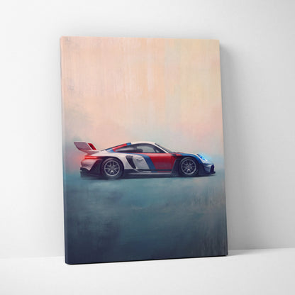 Porsche 911 gt3 rs inspired supercar canvas art featuring a vibrant red white and blue racing car print