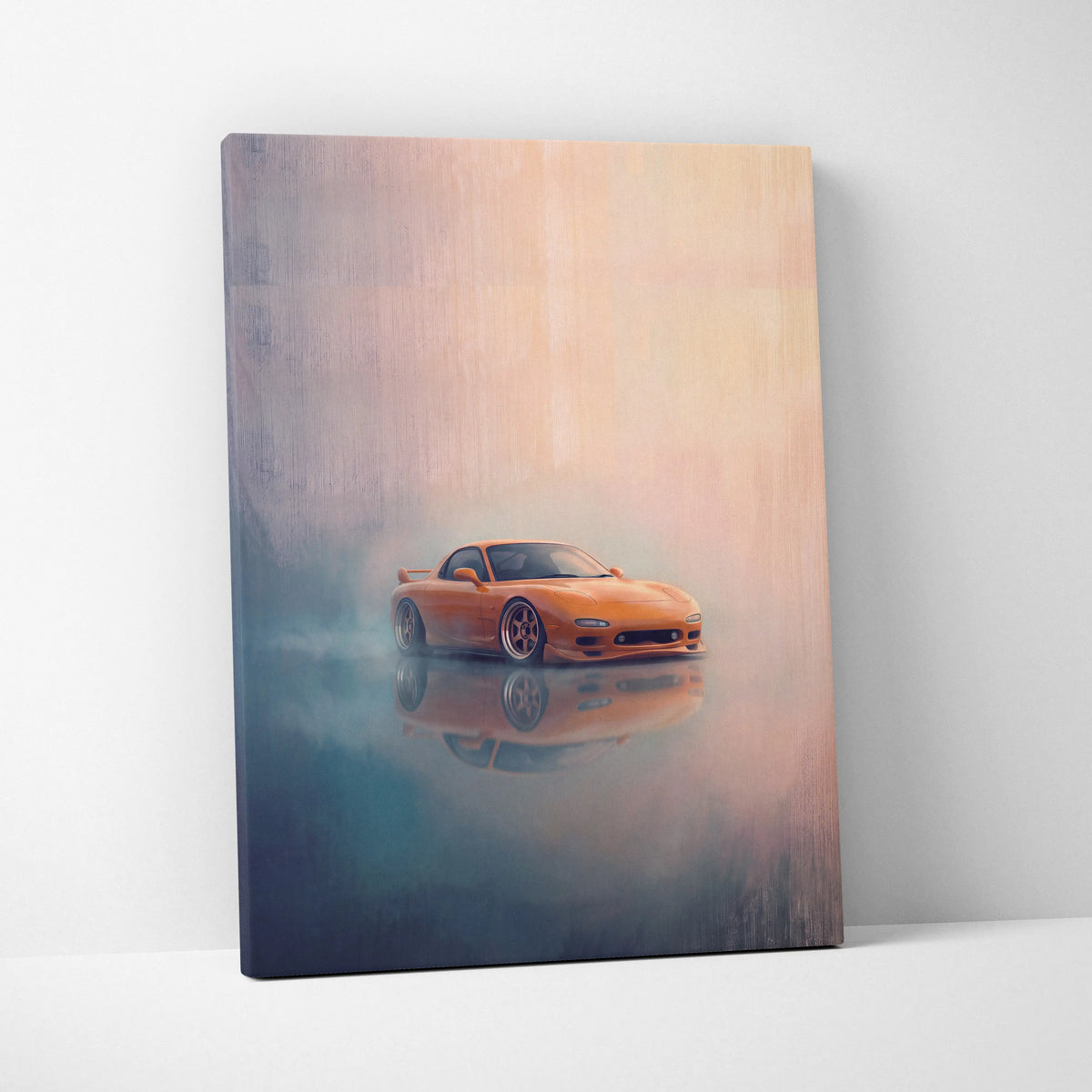 Orange sports car canvas print featuring a sleek mazda rx-7 inspired design with reflective wheels for living room decor