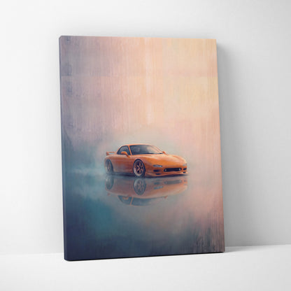 Orange sports car canvas print featuring a sleek mazda rx-7 inspired design with reflective wheels for living room decor