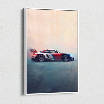 A framed canvas print of a red and white porsche 911 gt3 rs with blue racing stripes for custom car wall art