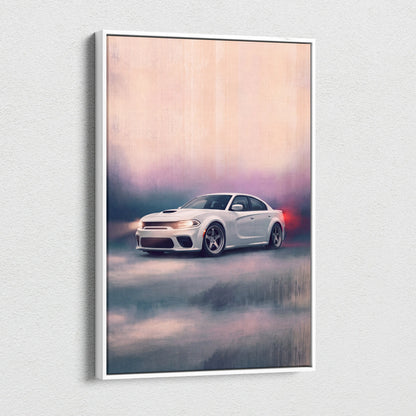 Dodge Charger Inspired Automotive Wall Art, White Muscle Car Canvas Print