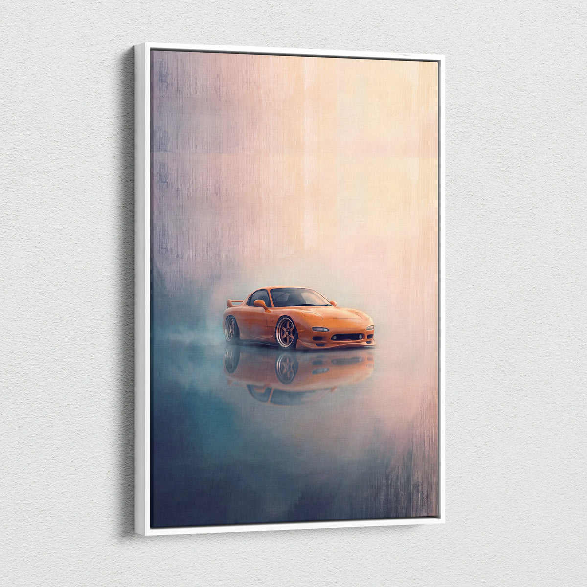 Orange mazda rx-7 sports car in misty reflective scene on white-framed canvas art for Japanese sports car wall decor