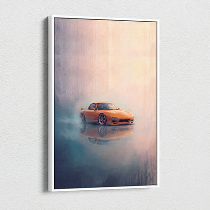 Orange mazda rx-7 sports car in misty reflective scene on white-framed canvas art for Japanese sports car wall decor
