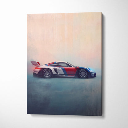 Porsche 911 gt3 rs inspired supercar canvas art featuring a vibrant red white and blue racing car side profile print