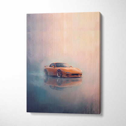 Orange Mazda RX-7 sports car canvas print featuring Japanese sports car wall decor for living room display