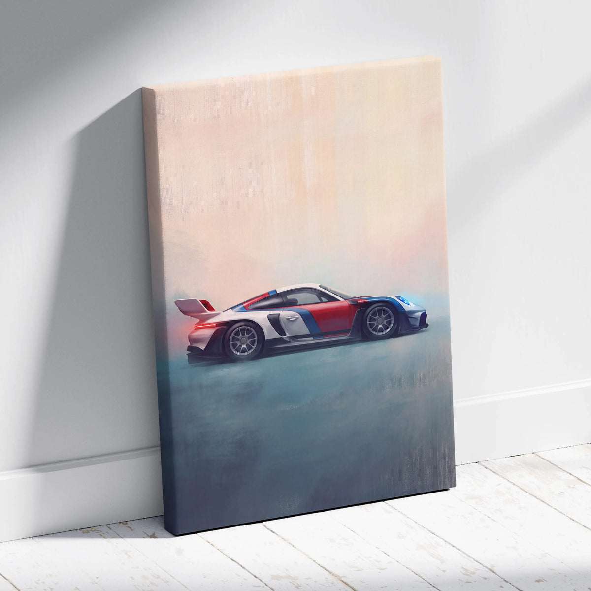 A vibrant red white and blue porsche 911 gt3 rs inspired supercar canvas print leaning against a wall