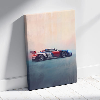 A vibrant red white and blue porsche 911 gt3 rs inspired supercar canvas print leaning against a wall