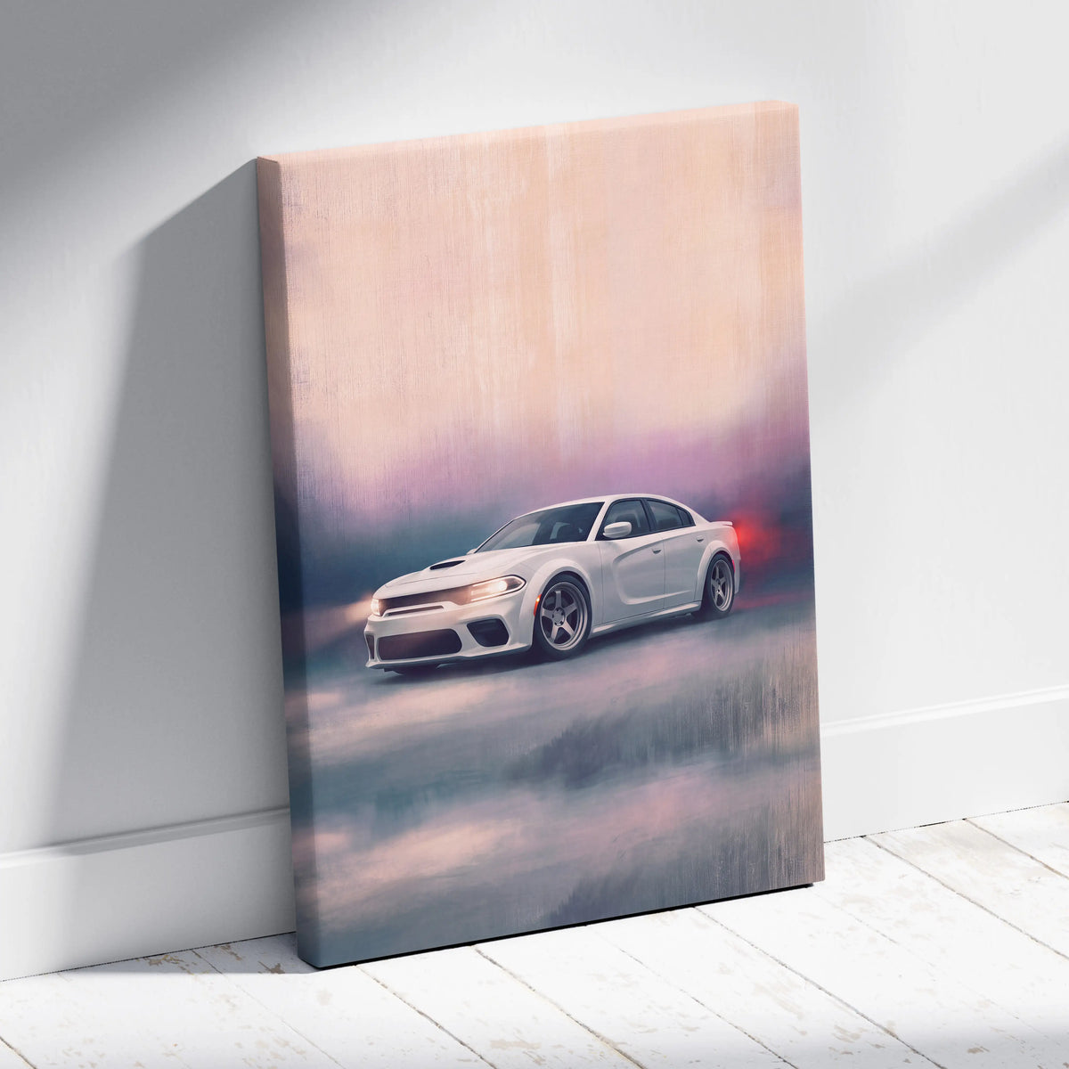 Dodge Charger Inspired Automotive Wall Art, White Muscle Car Canvas Print