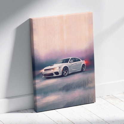 Dodge Charger Inspired Automotive Wall Art, White Muscle Car Canvas Print