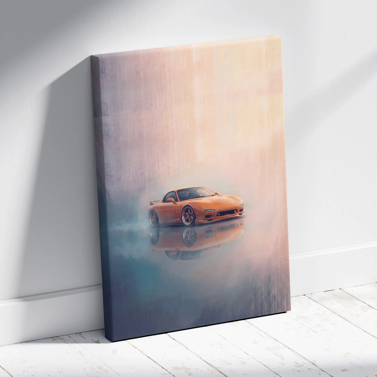 Orange sports car canvas print with sleek reflective design and soft gradient lighting mazda rx-7 inspired wall decor