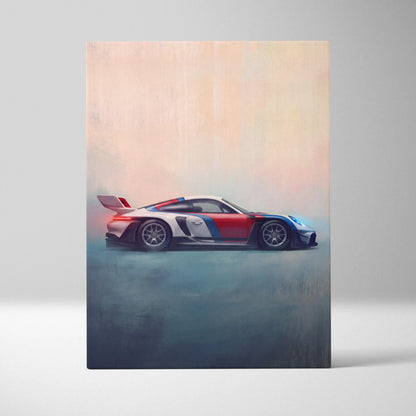 A sleek painted canvas featuring a red white and blue Porsche 911 GT3 RS with aerodynamic design elements
