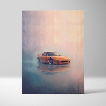 Vibrant orange mazda rx-7 canvas art with stylized misty design and reflective water for living room wall decor
