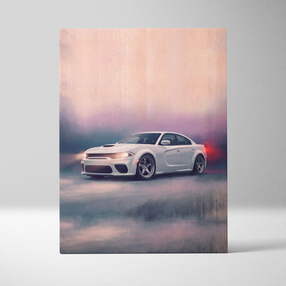 Dodge Charger Inspired Automotive Wall Art, White Muscle Car Canvas Print