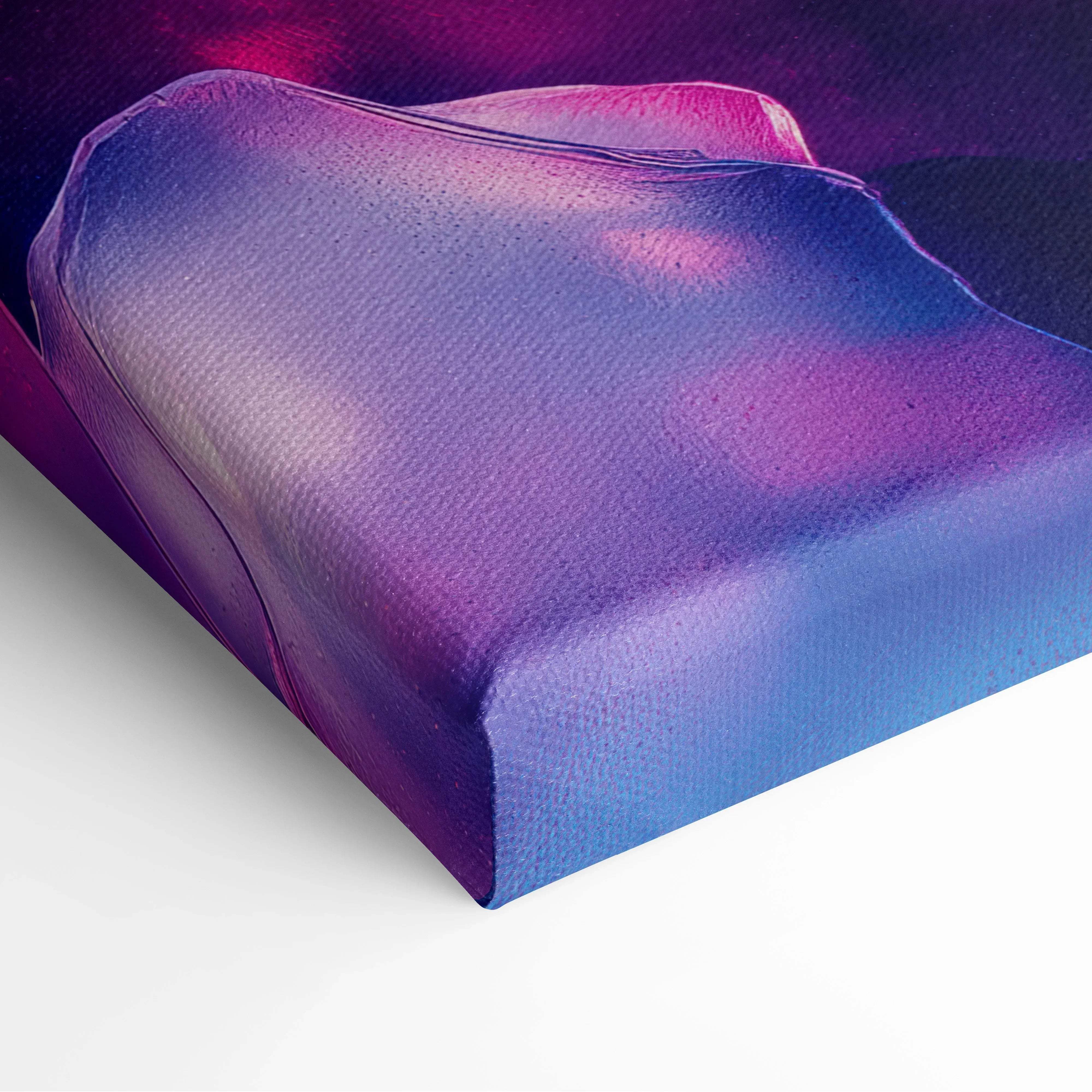 Modern abstract canvas wall art with vibrant pink and purple crystal form imagery and textured painted fabric surface