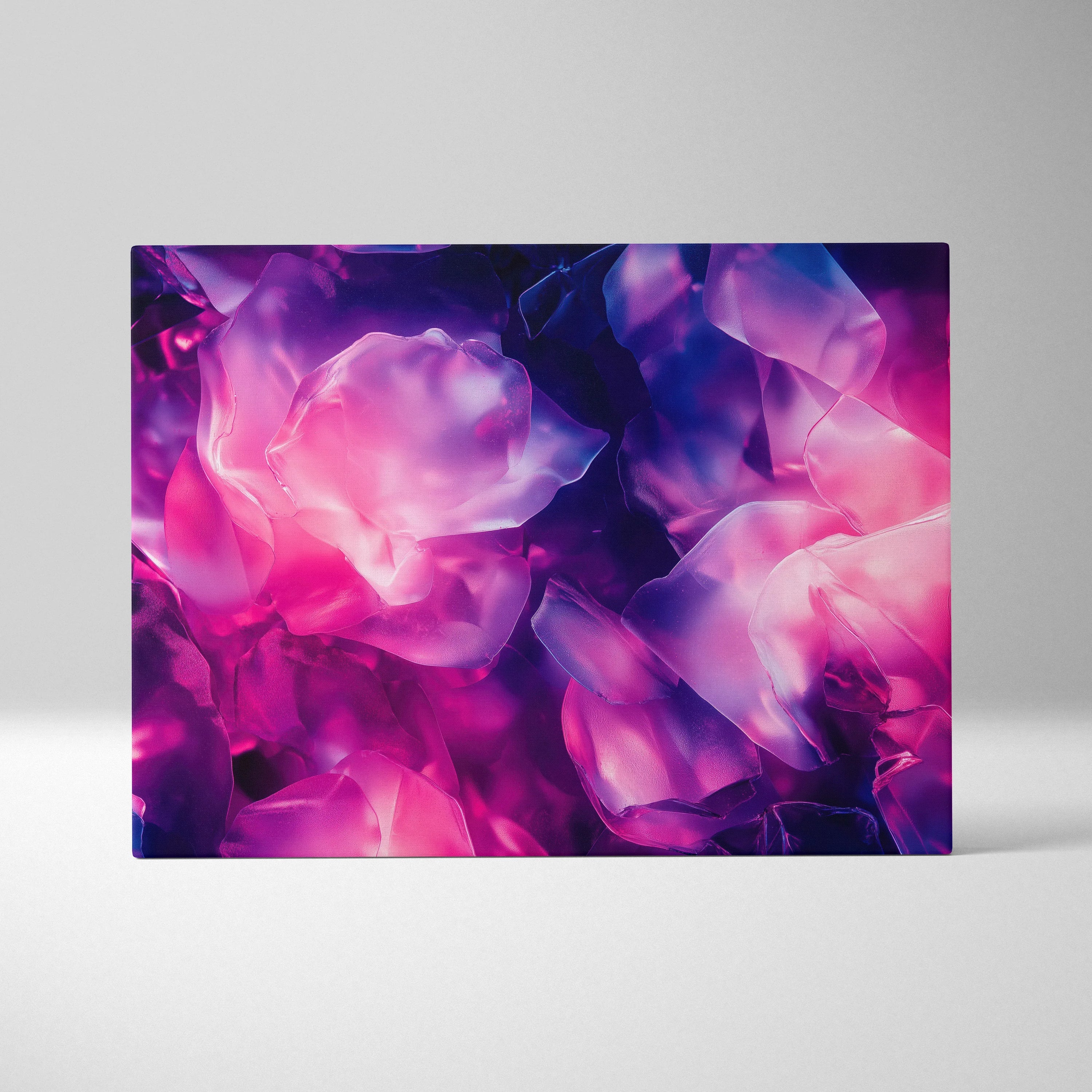 Abstract digital art canvas print featuring vibrant pink and purple flower-like shapes with soft, glowing edges against a.